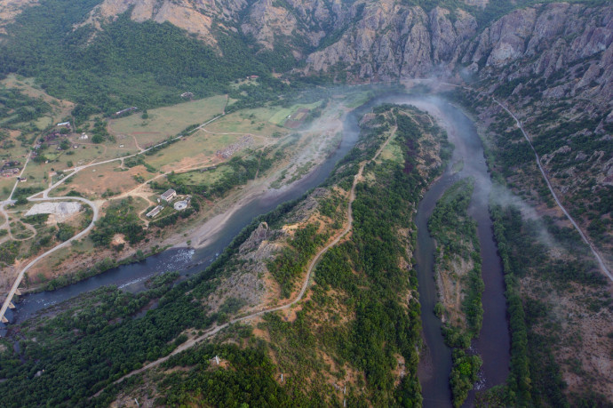 Flight shots over the Arda river canyon, Madzharovo, Rhodope Mountains rewilding area, Bulgaria.