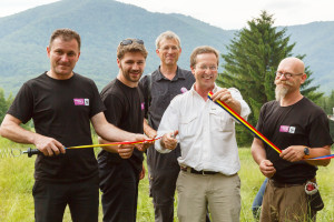 Opening the gates of rewilding zone. By order from left: Petru Vela, Mayor of the Armenis Municipality, Adrian Hagatis, Rewilding Europe's Team Leader for the Southern Carpathians , Wouter Helmer, Rewilding Europe's Rewilding Director,  H.E. Matthijs van Bonzel, Ambassador of the Kingdom of the Netherlands to Romania and Joep van de Vlasakker, Rewilding Europe's Wildlife Advisor  / Photo by Catalin Georgescu