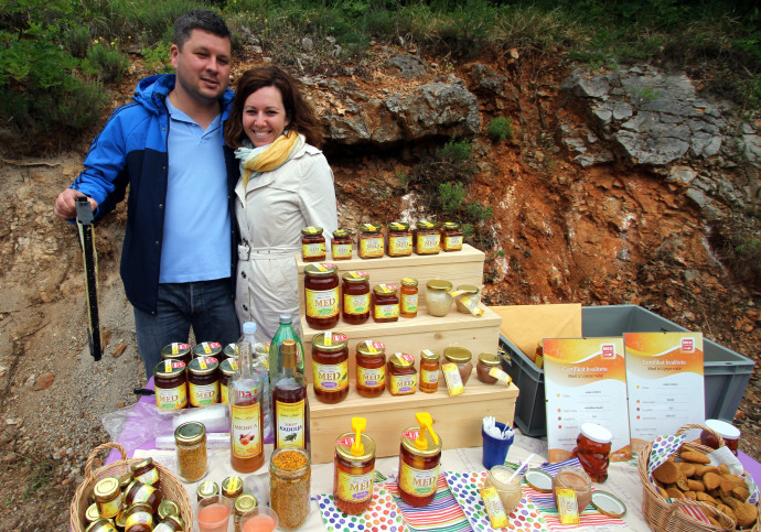 Ines and Sanjin Žarković presenting their family owned business and products in Velebit Mountain rewilding area, Croatia. 