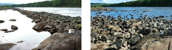 Pictures of the Pite River before (left) and after (right) removal of stone dams.