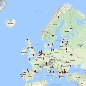 European Rewilding Network is now counting 42 members (red) and 8 areas of Rewilding Europe (purple).