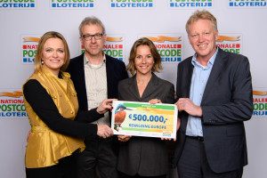From right to left: Frans Schepers (Managing Director), Odile Rodríguez de la Fuente (Supervisory Board member) and Wouter Helmer (Head of Rewilding) of Rewilding Europe receiving the donation cheque from Imme Rog (Managing Director of the Dutch Postcode Lottery), on February 7, 2017.