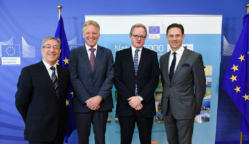 Participants of the NCFF signing ceremony in April 2017, from left to right: Karmenu Vella, European Commissioner for Environment, Maritime Affairs and Fisheries, Frans Schepers, Managing Director of Rewilding Europe, Christopher Knowles, European Investment Bank, Head of Climate Finance and Jyrki Katainen, European Commission Vice-President for Jobs, Growth, Investment and Competitiveness. 