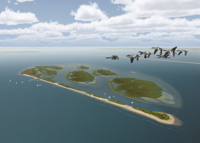 A digital illustration of the first phase of the Marker Wadden restoration project in the central Netherlands.