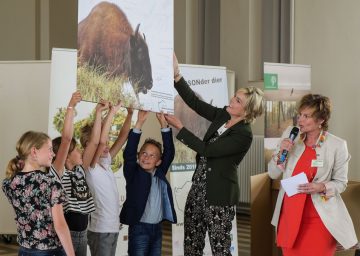 Princess Laurentien presenting the bison board with school children at the official opening of the European bison grazing project in Radio Kootwijk, Veluwe area, 13 June 2016.