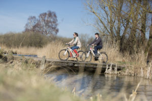 Visitors cycling at Wicken Fen National Nature Reserve, Cambridgeshire.