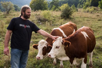 Cattle farmer Claudio Di Domenico of the organic farm "La Grancia di San Domenico" in Villetta Barrea. Abruzzo, Lazio and Molise NP. Abruzzo, Italy. Sep 2014