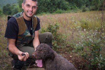 Bear advocate Matteo Simonicca from Lecce nei Marsi collecting truffles with his special bred "Lagotto" dog. Central Apennines, Abruzzo, Italy. Sep 2014