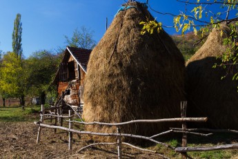 Traditional hay stacks at farm house in the village of Isverna, Mehedinti plateau geopark, Romania