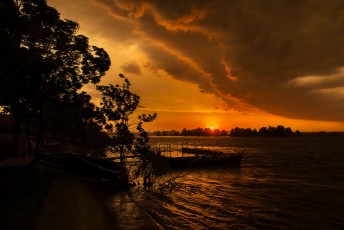 Dramatic thunderstorm coming over the Danube delta at dusk