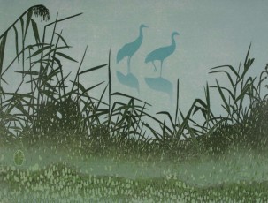 Common cranes in the mist (Andrea Rich, USA, woodcut on paper)