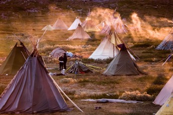 Sami tents, Lapland rewilding landscape, Sweden.