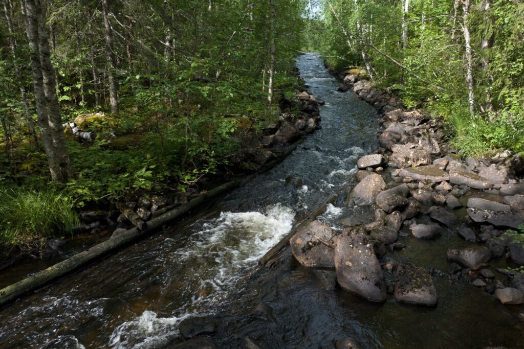 Abrahamså river, boulders and stones removed from the river bed and piled up at the river's edge