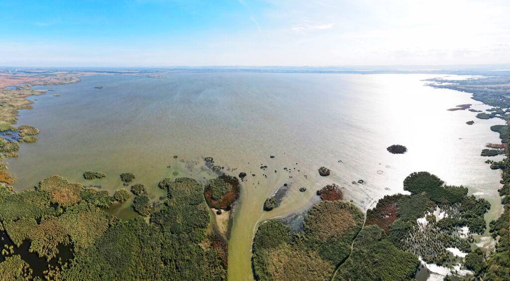 KUGURLUI LAKE, IZMAIL RAION, ODESSA OBLAST, UKRAINE - SEPTEMBER 03, 2020: Aerial view on Kuhurlui lake