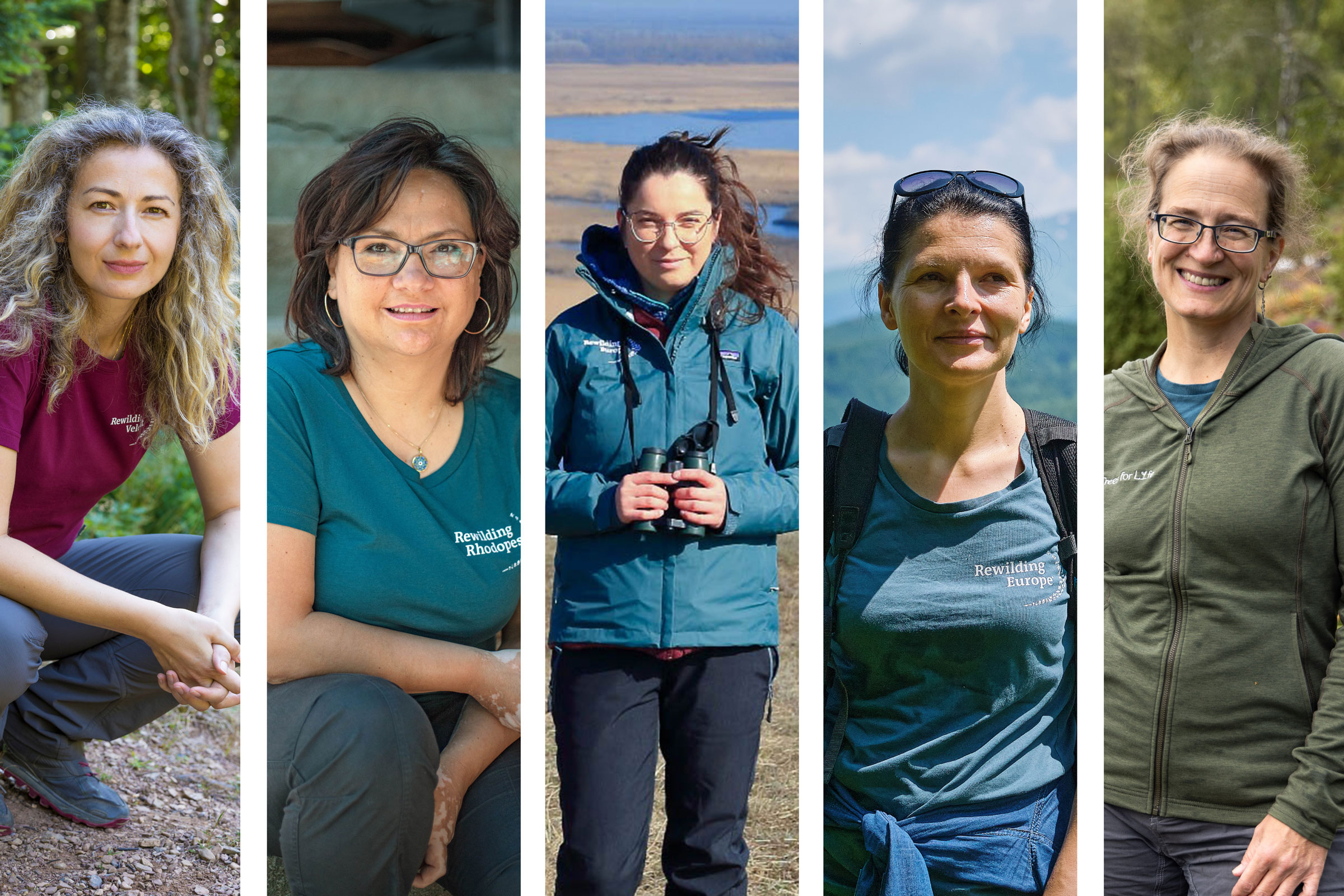 Rewilding Europe's five female landscape leaders: Marija Krnjajić, Andreana Trifonova, Ioana-Cătălina Petrencu, Marina Drugă, and Stephanie Kiel.