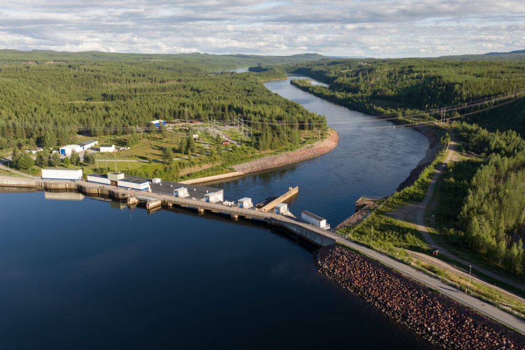 Aerial view of hydropower dam, Swedish Lapland.