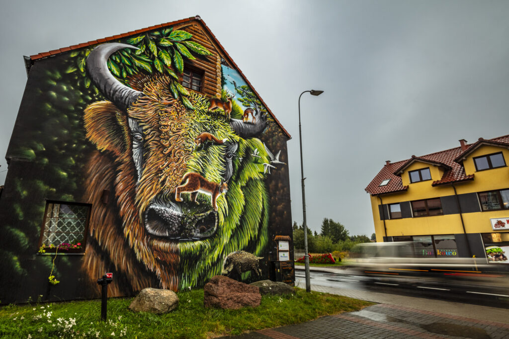 A mural of a bison and other species painted on the side of a house in a town in Poland.