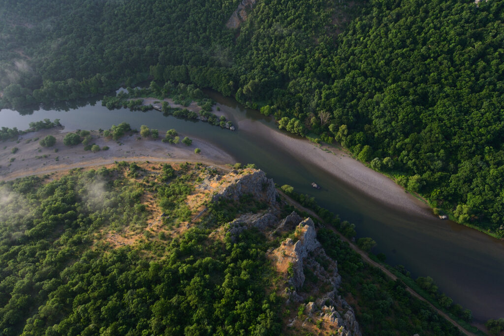 An aerial shot of the Arda River near Madzharovo.